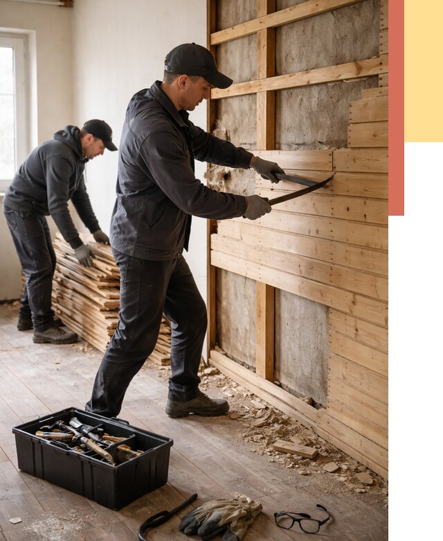 Демонтаж вагонки в Йошкар-Оле от 3886 руб/м2 — быстро и недорого | ОТДЕЛОЧНИК-Шкр