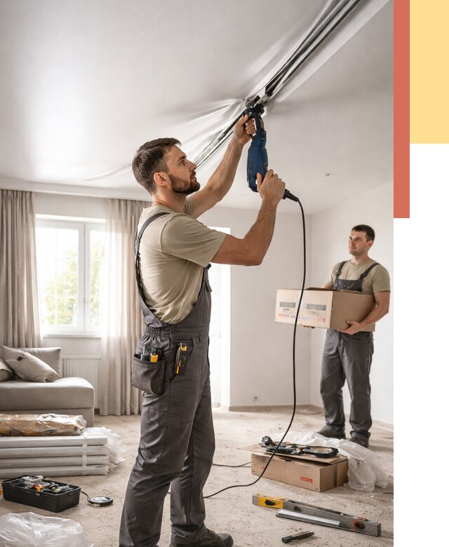 Монтаж сатинового натяжного потолка в Йошкар-Оле от 3579 руб. | Быстро, недорого — ОТДЕЛОЧНИК-Шкр