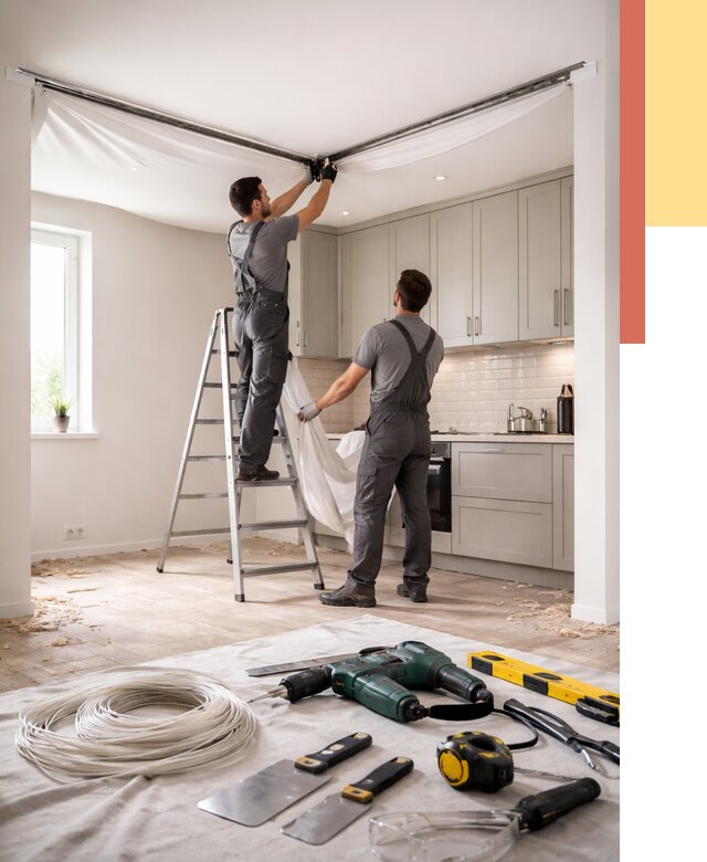 Установка натяжного потолка на кухне в Йошкар-Оле от 2454 руб. | ОТДЕЛОЧНИК-Шкр