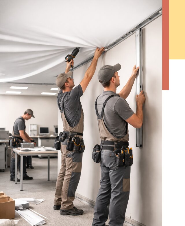 Монтаж натяжного потолка в офисе в Йошкар-Оле от 460 руб/м² — быстро и недорого | ОТДЕЛОЧНИК-Шкр