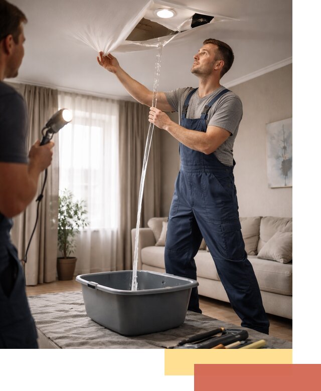 Слив воды с натяжного потолка в Йошкар-Оле быстро и аккуратно